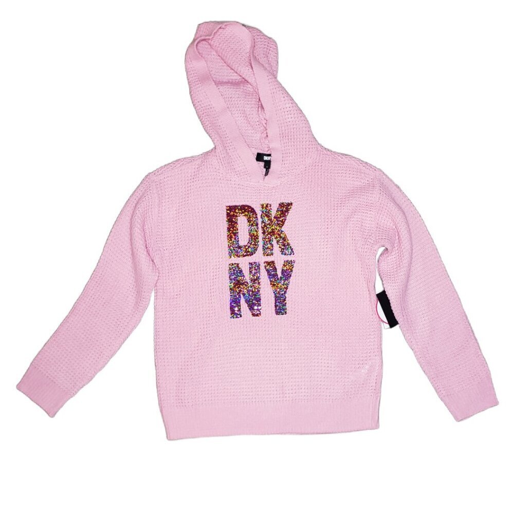 DKNY Girls Sz L Pink Flip Sequin Knit Hoodie Sweater(1486)